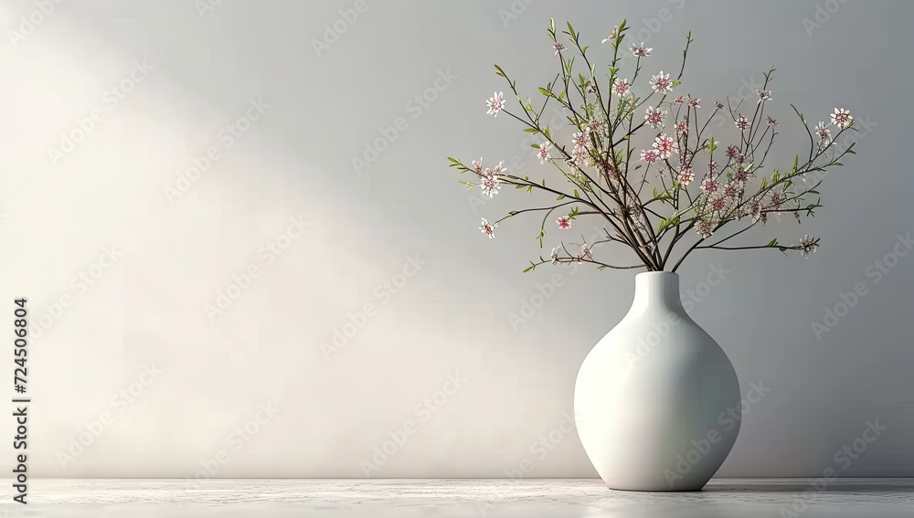 Elegant spring blossom in white vase soft light and vintage design. Stylish floral arrangement on wooden table nature inspired home decor. Minimalist interior in ceramic jug rustic background