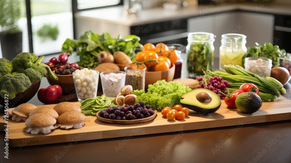 Feast for the eyes, an assortment of fresh produce and raw ingredients ready for a healthy meal prep on a wooden countertop Feast for the eyes, an assortment of fresh produce and raw ingredients ready for a healthy meal prep on a wooden countertop