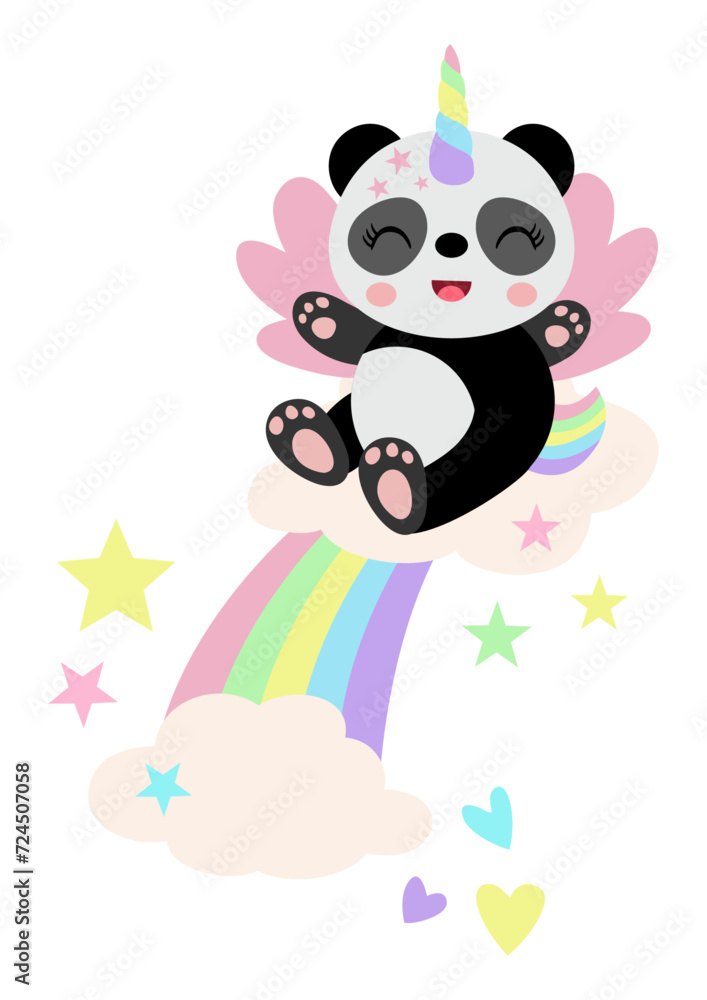 Unicorn panda on rainbow with clouds