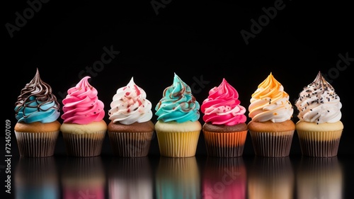 Sweet indulgence in a collection of frosted cupcakes, their colors popping against a dark background photo