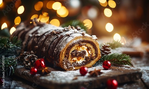 christmas log, traditional christmas cake, buche de noel, chocolate, pastry, decorated with christmas themed elements, family meal and tradition, light and christmas tree, Generative AI 