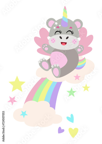 Unicorn hippo on rainbow with clouds