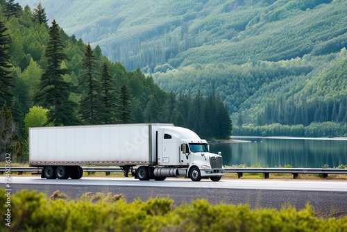 A large white semi truck was driving on the road near the lake. Commercial cargo semi-truck in a refrigerated semi-trailer along the road with green trees near the lake photo