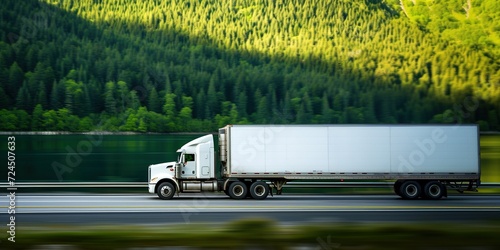 A large white semi truck was driving on the road near the lake. Commercial cargo semi-truck in a refrigerated semi-trailer along the road with green trees near the lake