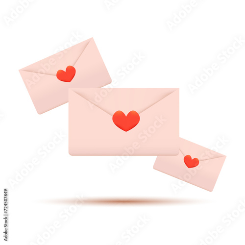 Mail Heart Letter Envelopes Symbol Icon Love. Happy Valentine Day Message in Love Concept. Trendy 3D Vector Realistic Illustration.