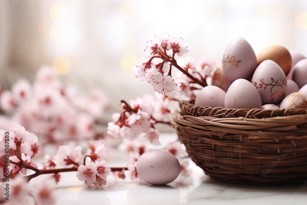 Chocolate eggs, spring flowers on light background. ai generated Chocolate eggs, spring flowers on light background. ai generated
