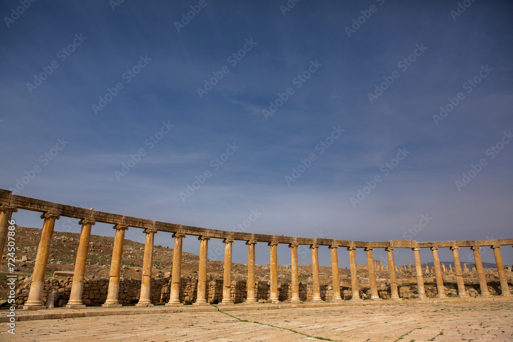 Roman ruins in the Jordanian city of Jerash. The ruins of the walled Greco-Roman settlement of Gerasa just outside the modern city. The Jerash Archaeological Museum.