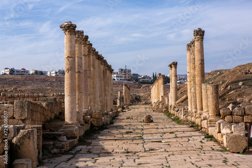 Roman ruins in the Jordanian city of Jerash. The ruins of the walled Greco-Roman settlement of Gerasa just outside the modern city. The Jerash Archaeological Museum.