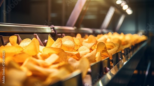 Automated potato chips packaging line on conveyor belt for crispy snacks production photo