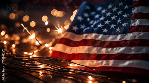 Bright sparkler burning against the backdrop of an american flag, evoking patriotic celebration