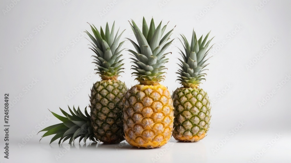 three pineapples on white background with close up photo three pineapples on white background with close up photo