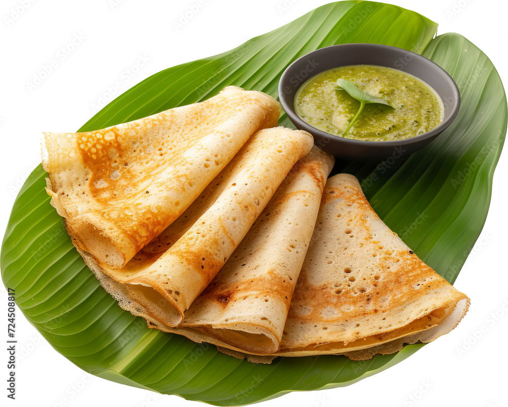 Rava Dosa with Coconut Chutney on a banana leaf, isolated on ...