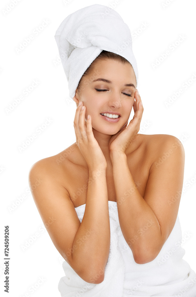 Towel, beauty studio and relax woman for morning routine, self care treatment or feeling collagen results. Bathroom, eyes closed and girl smile for skincare, hygiene or wellness on white background Towel, beauty studio and relax woman for morning routine, self care treatment or feeling collagen results. Bathroom, eyes closed and girl smile for skincare, hygiene or wellness on white background