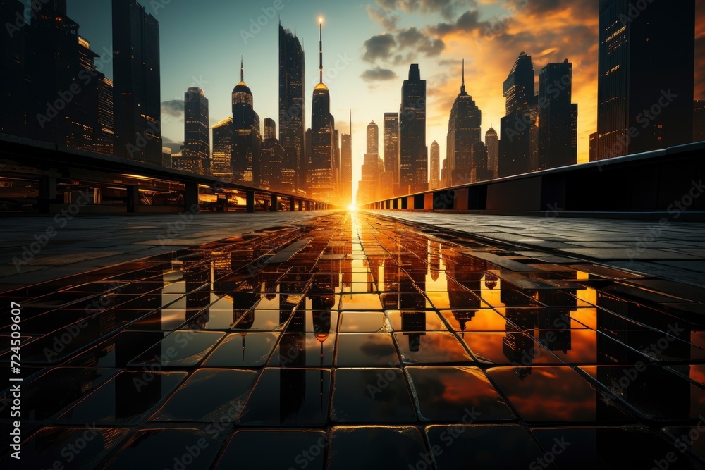 the sun rising up the city of futuristic buildings. generative ai
