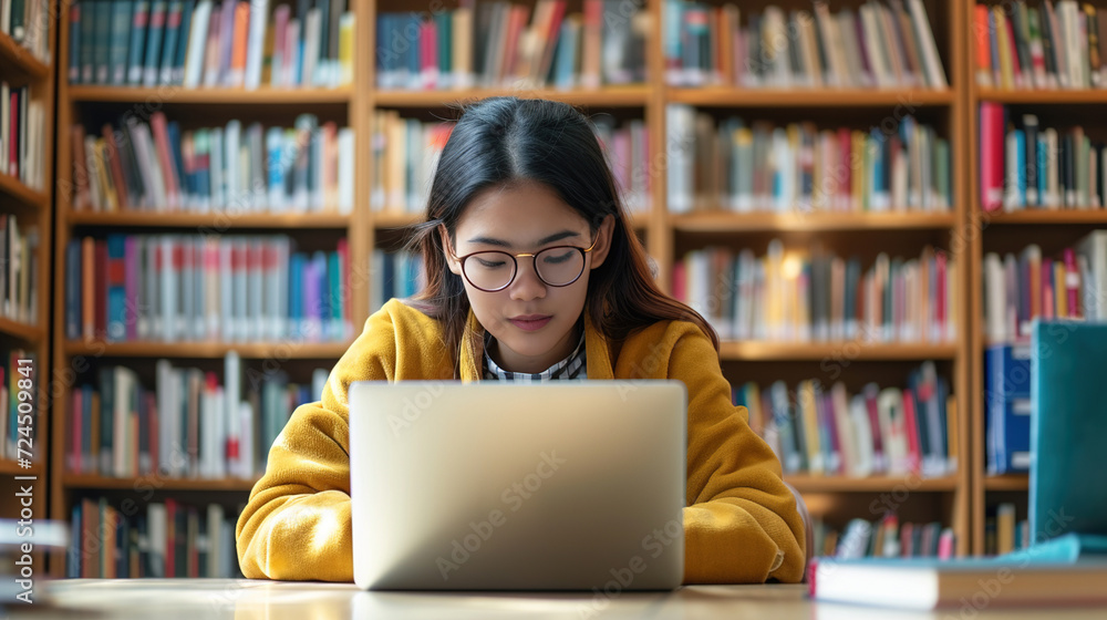 A beautiful smart girl uses a laptop, studies in the university library. Preparing for college exams. A beautiful smart girl uses a laptop, studies in the university library. Preparing for college exams.