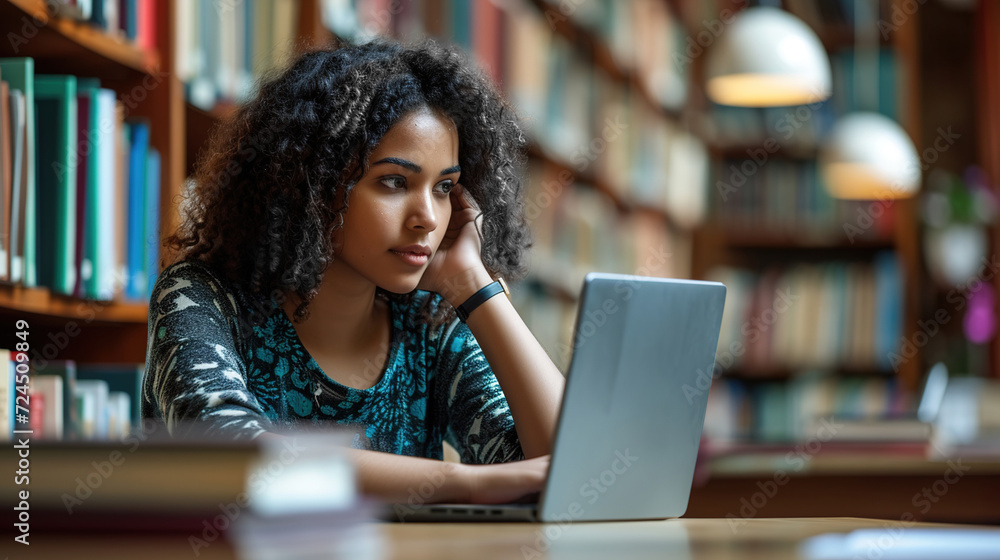 A beautiful smart girl uses a laptop, studies in the university library. Preparing for college exams. A beautiful smart girl uses a laptop, studies in the university library. Preparing for college exams.