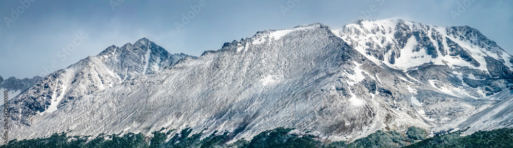 Soaring  mountain peaks surrounding the city of Ushuaia, Tierra del Fuego, Patagonia, Argentina