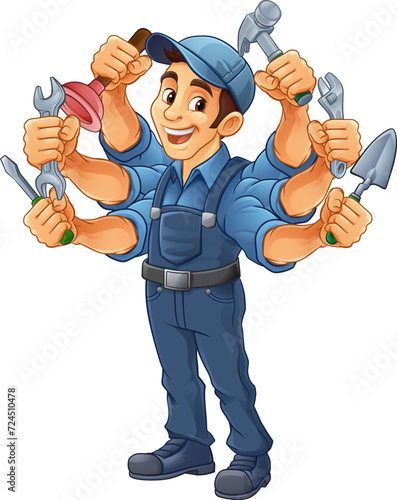 A handyman cartoon handy man caretaker construction worker or maintenance man multitasking caretaker concept.