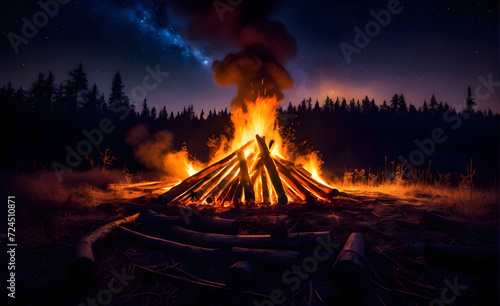 Bonfire illuminating a forest clearing under a starry night sky, vibrant orange and yellow flames contrasting with dark silhouetted trees. Generative AI