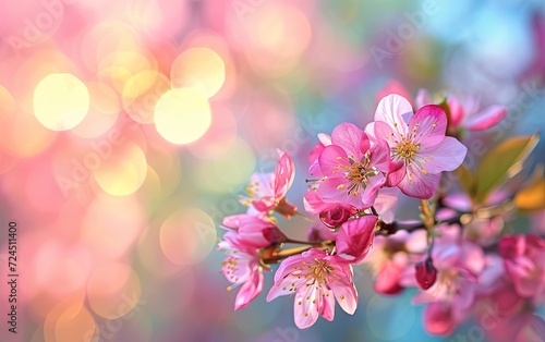 Pink cherry tree flowers bloom in spring on the natural sunny blurred background of the bokeh garden banner