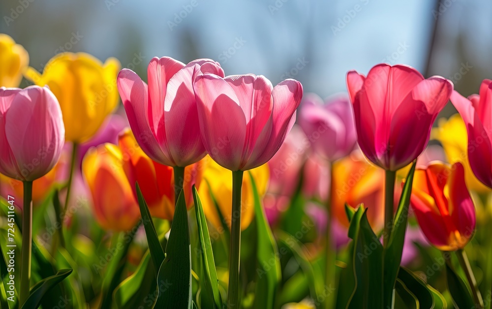 Tulip spring flowers bloom in nature field garden