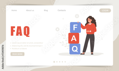 FAQ concept. Landing page template. Woman standing nearby large cubes with letters FAQ. Customer support and online help desk service. Vector illustration in flat cartoon style.