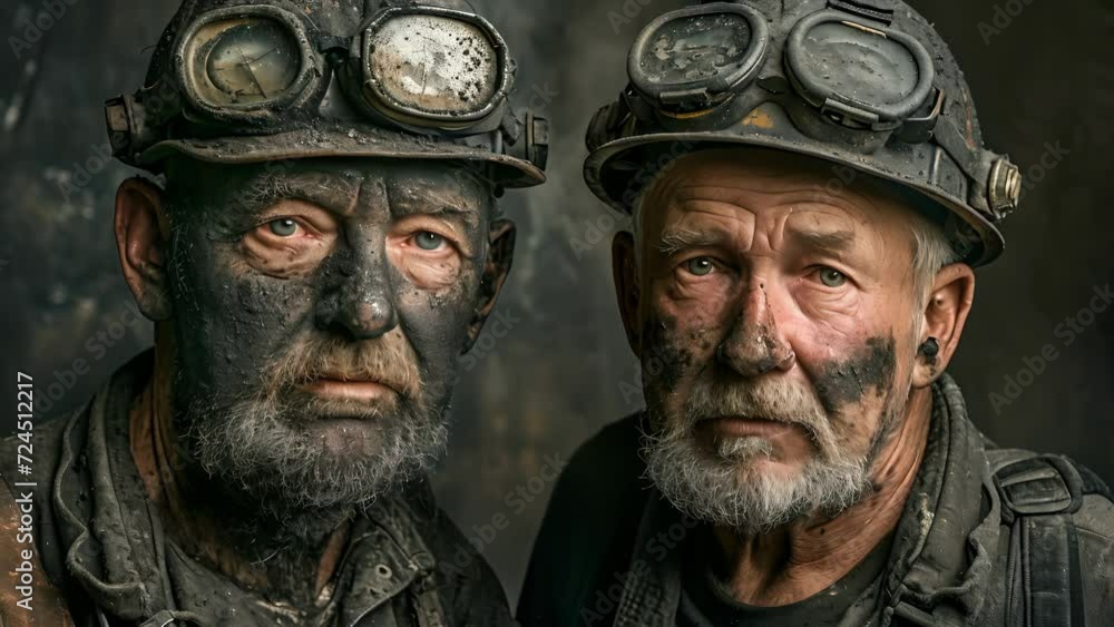 A portrait of a miner before and after a days work, showcasing the transformative effect of being covered in coal dust and sweat. A portrait of a miner before and after a days work, showcasing the transformative effect of being covered in coal dust and sweat.