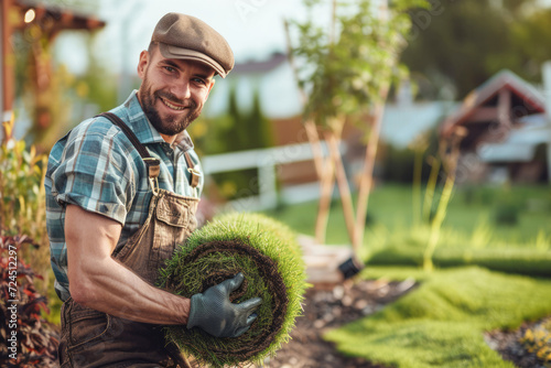 Smiling man in overalls and flat cap holding a roll of sod or turf, grass seed mat for lawn installation with a garden background with copy space. Landscaping and gardening services concepts. photo