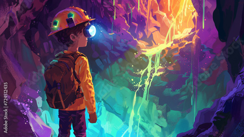Young adventurous child, aged 9, exploring a mysterious underground cave wearing a headlamp, marveling at the hidden wonders.