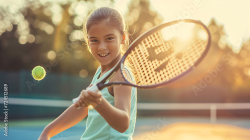 Junior Tennis Player on the Court. A 10-year-old with a determined expression and bright, athletic attire energetically swings a racket, showcasing their passion for the sport. © Nijat