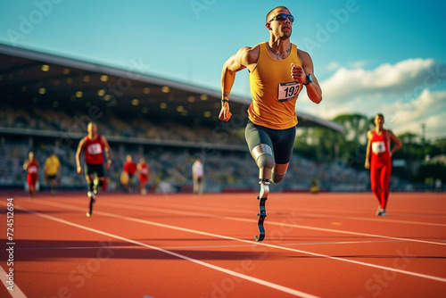 Disabled athlete on prostheses running distance at track and field stadium. Athlete and field athlete at the Paralympic Games. The concept of fortitude and unlimited possibilities