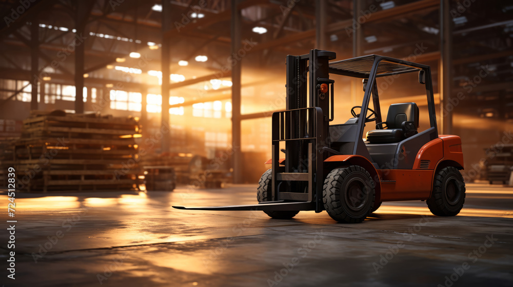 An orange forklift standing still, cast in the soft glow of dawn in a deserted depot