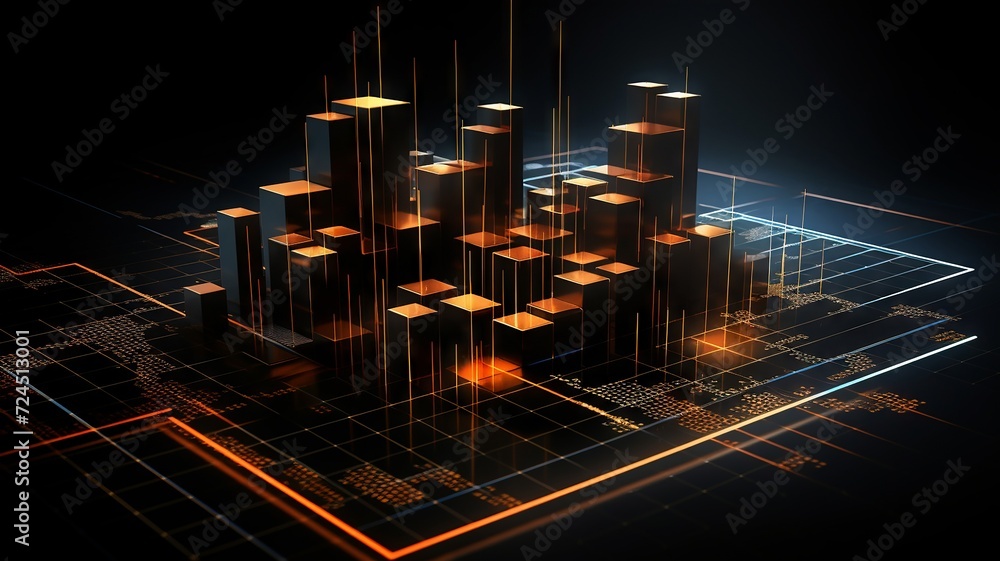An abstract financial chart with glowing orange trends on a dark, cybernetic grid background