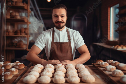 A handsome man with a mustache in an apron bakes butter buns in his bakery. Small Family Business Development Concept