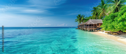 Panoramic View of a Tropical Beach with Overwater Bungalows and Palm Trees.