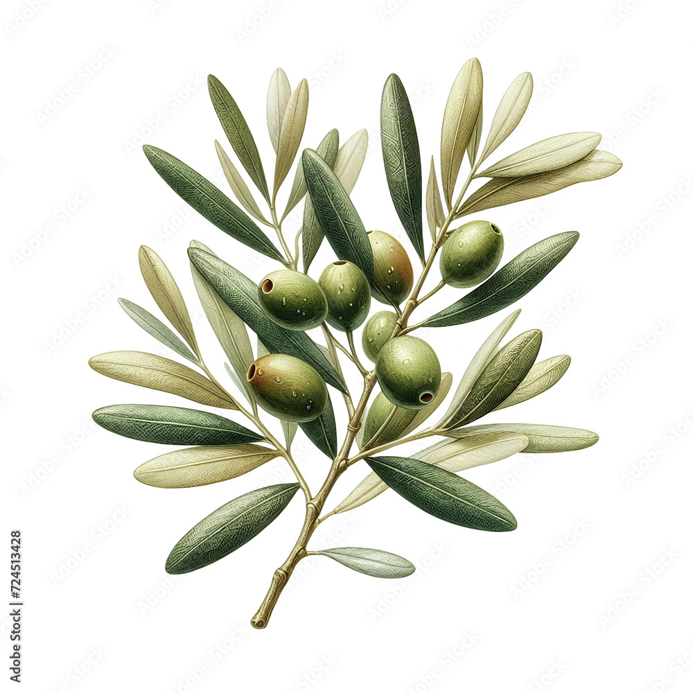 Green olive tree branch with leaves watercolor paint on white background Green olive tree branch with leaves watercolor paint on white background