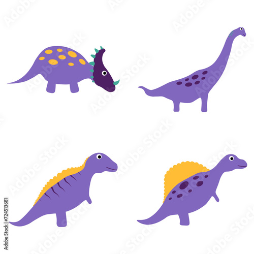 Adorable Dinosaurs Illustration. Flat Cartoon  Isolated Vector Set.