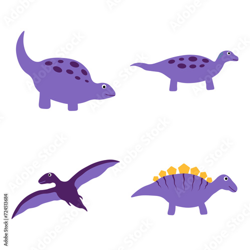Adorable Dinosaurs Illustration. Flat Cartoon  Isolated Vector Set.