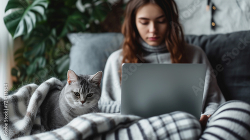 Woman with laptop sitting on sofa. Her cat is sitting nearby. 
