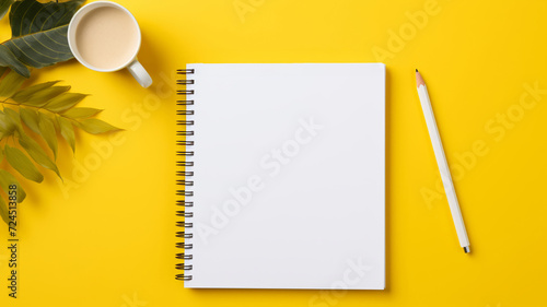 An artistic setup with a white notebook and a yellow pen, placed on a creative, textured surface