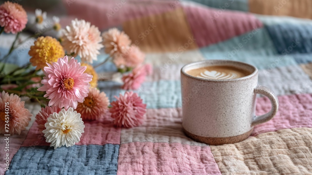 Coffee Bliss: Cup of Coffee and Rustic Bouquet on Homely Patchwork Tablecloth Coffee Bliss: Cup of Coffee and Rustic Bouquet on Homely Patchwork Tablecloth