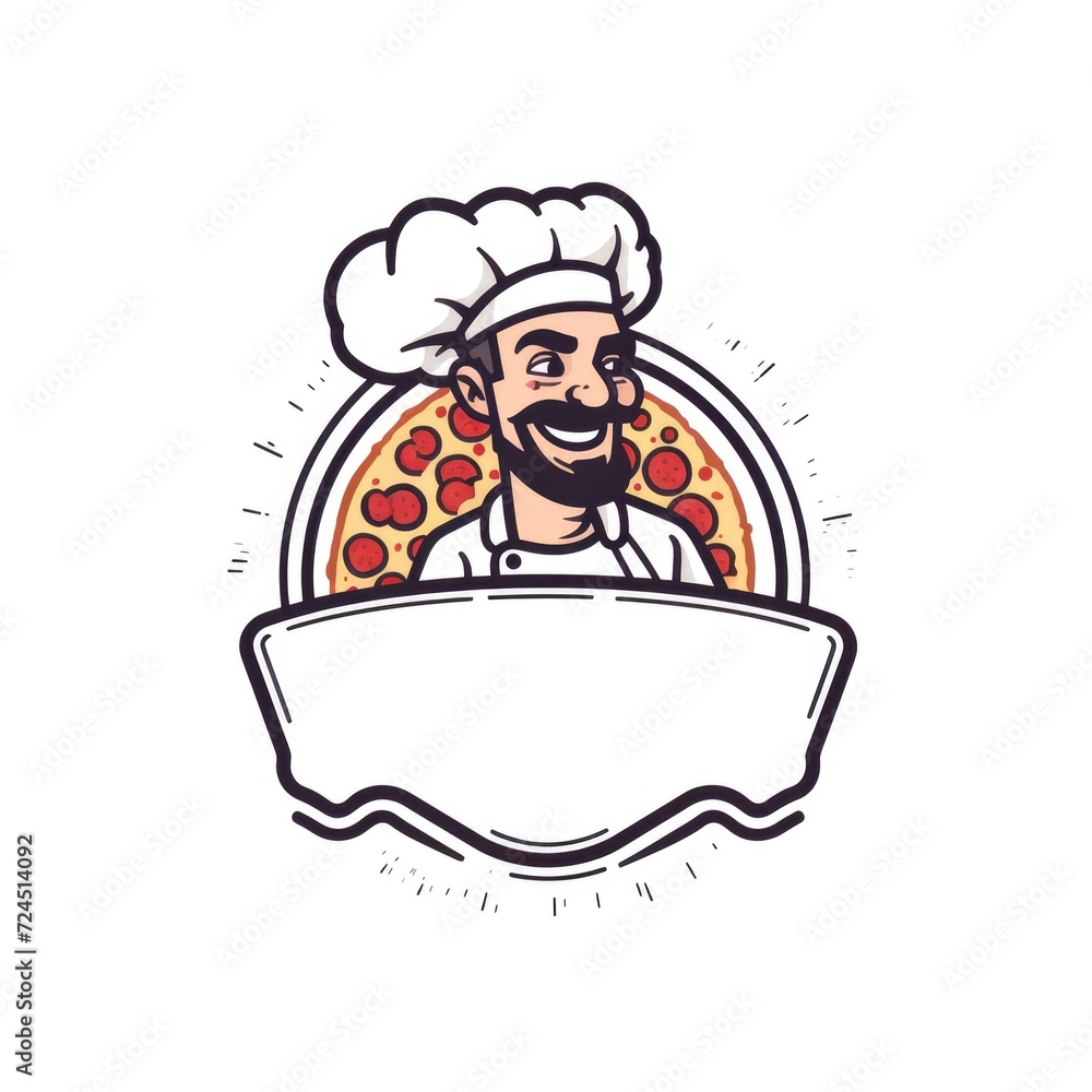 Emblem of man with pizza on white background. Logo. Free space for the name Emblem of man with pizza on white background. Logo. Free space for the name