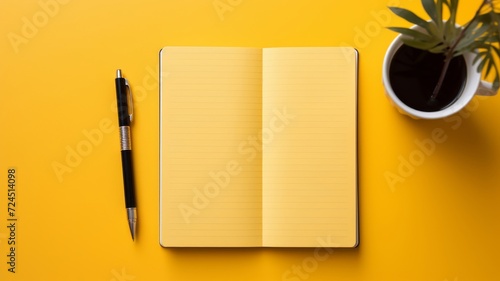 Professional notebook with a black pen on a vibrant yellow desk space photo