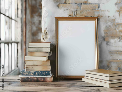 Empty picture frame mockup on a wooden table with old books, inside a room by a window on a grunge white wall. Minimal design in bright interior background