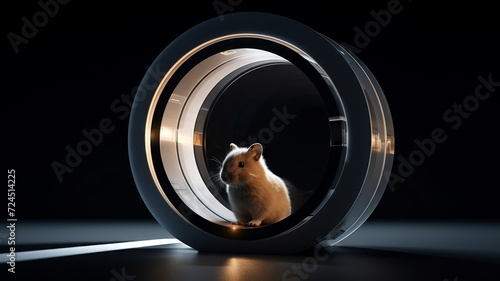 Canvastavla Curious hamster in a minimalist wheel, placed on a smooth, dark surface with a s