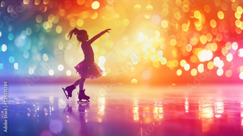 A talented 10-year-old ice skater, dressed in a stylish skating outfit, gracefully glides across the ice in a beautiful ice rink, sparkling with winter magic.