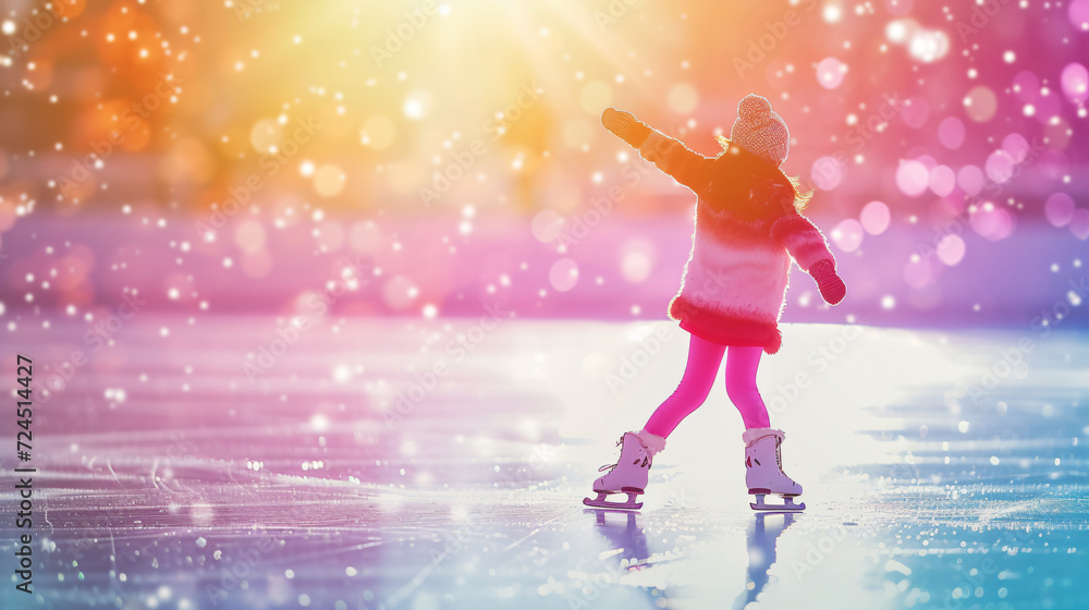 A talented 10-year-old ice skater, dressed in a stylish skating outfit, gracefully glides across the ice in a beautiful ice rink, sparkling with winter magic.