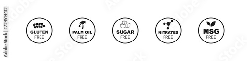 Gluten, palm oil, sugar, nitrates, msg free vector icon. Natural nutrition food stamp set.