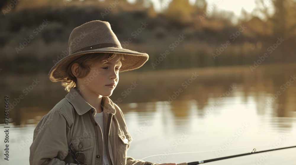 A young fishing enthusiast, wearing a classic fishing hat, joyfully showcases their plastic fishing rod by a picturesque lake.