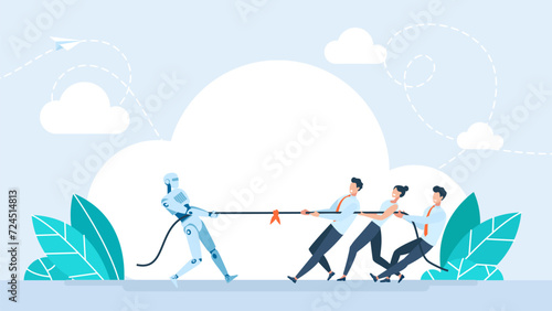 Robot tug of war with people. Team pulling rope against robot with AI. Competition, job loss, workers replacement by AI. Artificial intelligence technology business competition. Vector illustration